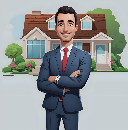 Asesor inmobiliario! Amamos lo que hacemos 8 caricatura de asesor en traje azul