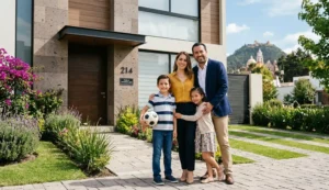 Familia frente a su casa en Metepec