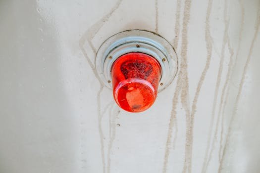 A red emergency warning light mounted on a metallic surface, often used for alerts.