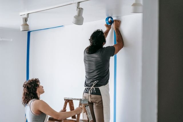 A man and woman working together on home renovation, applying painter's tape.